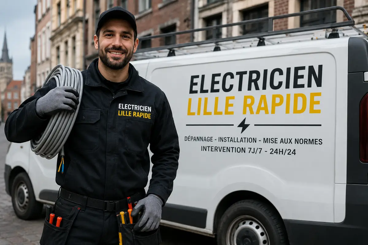 Électricien d'Electricien Lille Rapide devant le fourgon d'intervention de l'entreprise à Lille